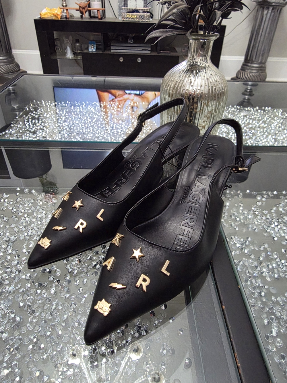 Black Pointed Slingback Heels with Gold Accent